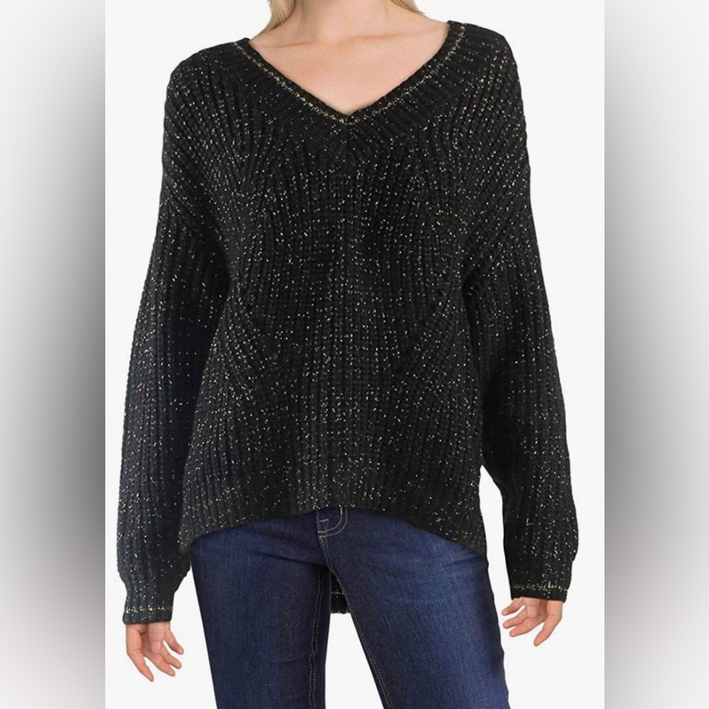 NWT Evereve John + Jenn Women's Knit Black Gold Metallic Pullover V-Neck Size M